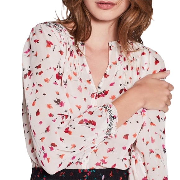 Joie Gontilda Silk Pink Floral Printed Semi Sheer Smocked Pintucked Blouse - M - Picture 4 of 16